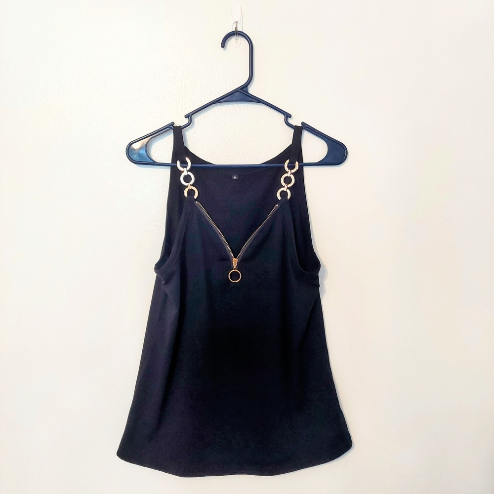 Black Cotton Poly Camisole with Gold Chain Accents And Zipper Size Medium